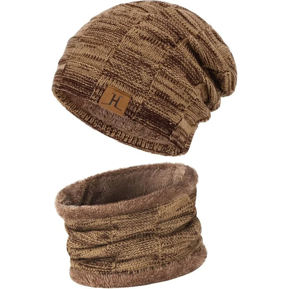 Men's Khaki Winter Warm Knit Skull Cap Neck Warmer Fleece Lined Hats Scarf Set